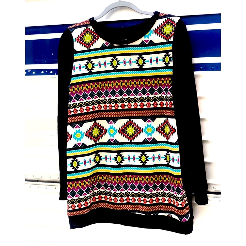Boutique Aztec sweater with suede elbow patch EUC